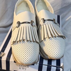 Fringed Perforated Slip-On Loafers in Cream nwot